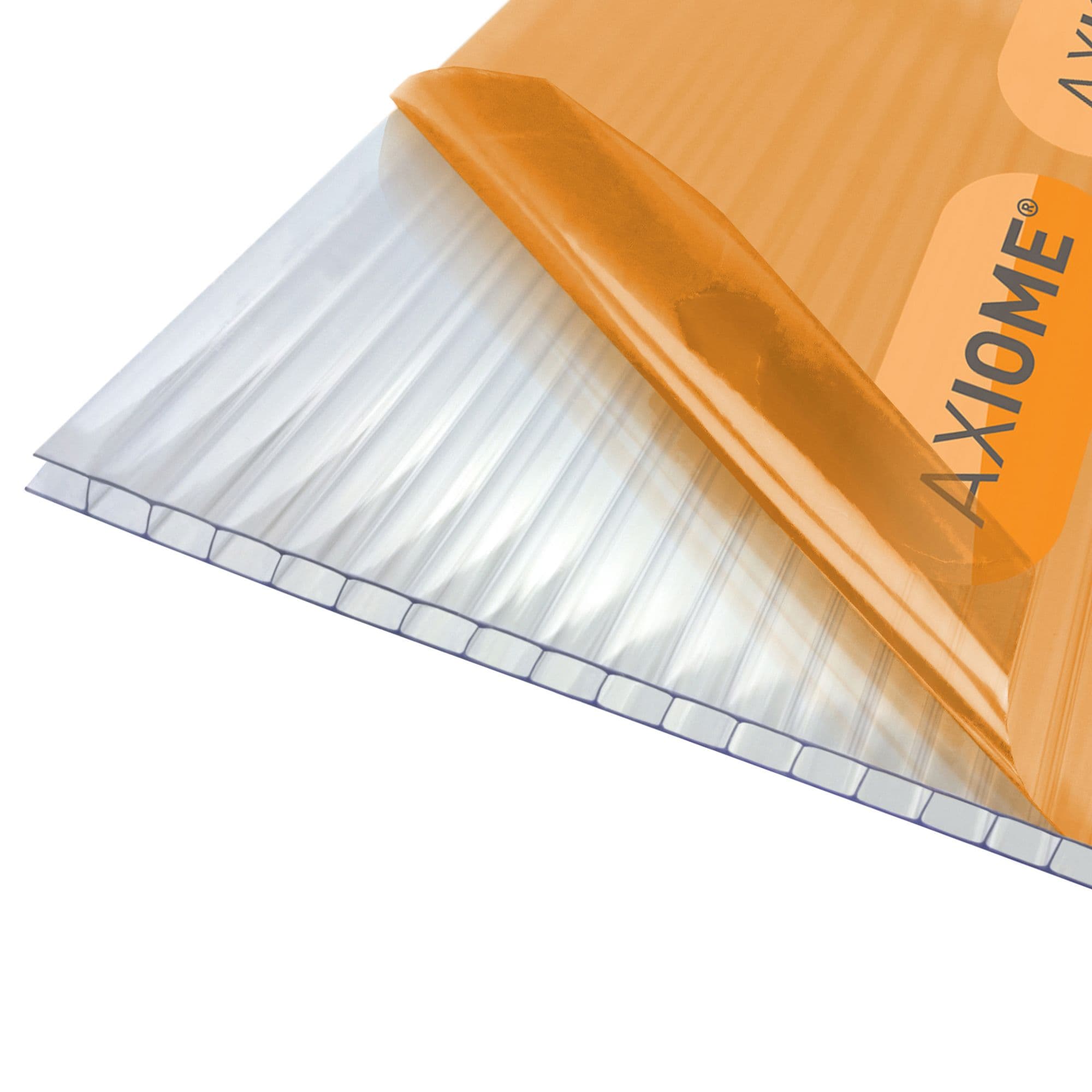 Clear 4mm twinwall polycarbonate sheet with dimensions 1000mm x 690mm, featuring a smooth surface and ribbed texture, highlighted by an orange label.