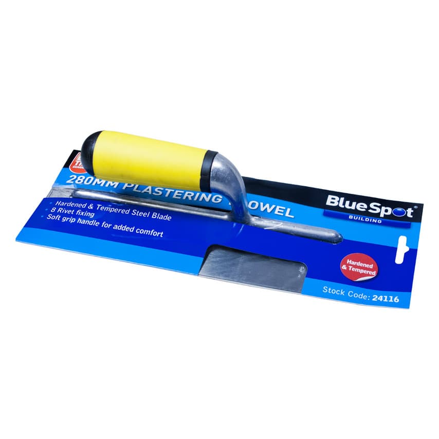 BlueSpot Tools 24116 soft grip plastering trowel features an 11-inch hardened steel blade with a yellow rubber handle for comfort and control, displayed on branded packaging.