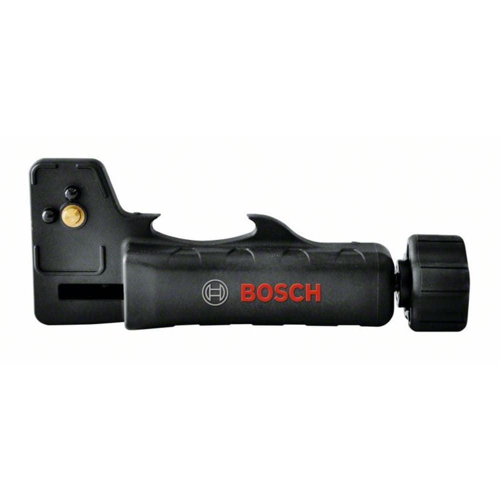 Black plastic Bosch Universal Bracket for Laser Receivers features a textured grip, adjustable knob, and a mounting plate with a gold adjustment screw for precise alignment.