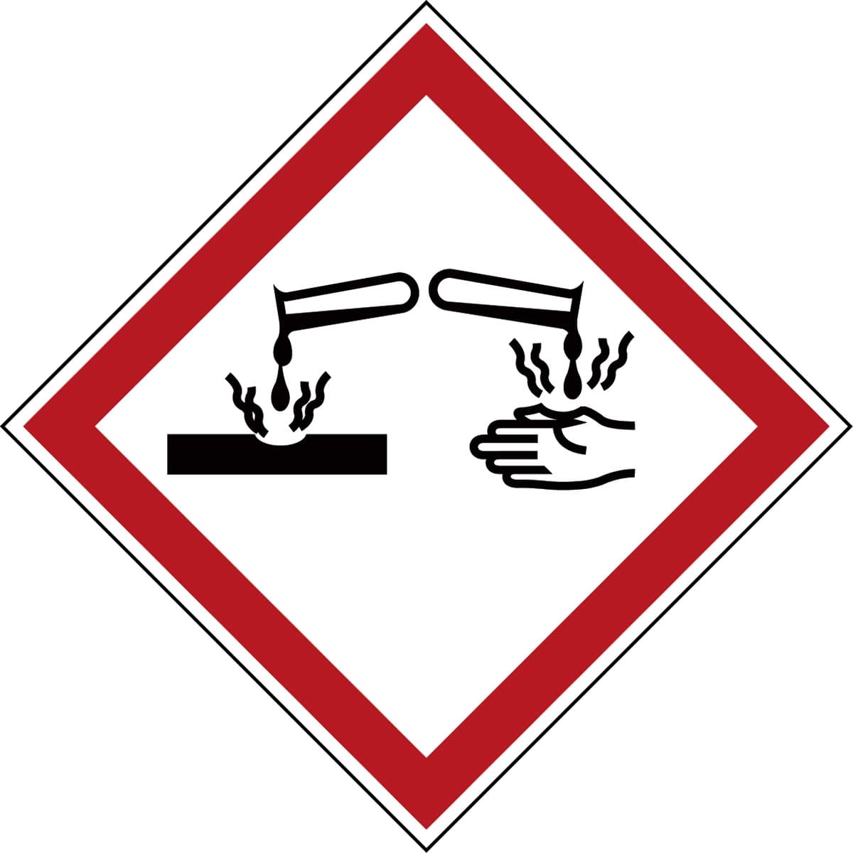 Red and white diamond-shaped label featuring a corrosive symbol with two test tubes pouring liquid onto a hand and a surface, indicating hazardous materials.