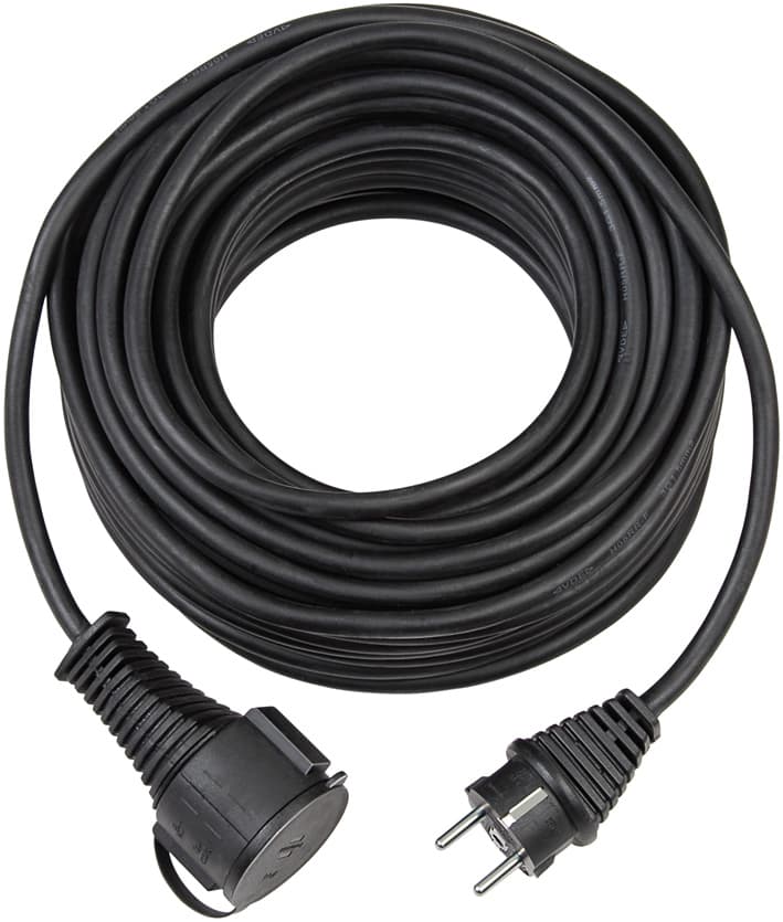 Black Brennenstuhl 230V extension cable featuring a Schuko male plug on one end and a Schuko female socket on the other, made of durable rubber material, coiled for easy storage.