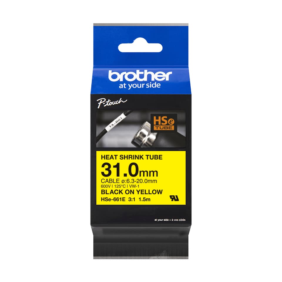 Black and yellow packaging for Brother HSE661E heat shrink tube, featuring a clear window, labeled dimensions, and specifications for cable compatibility.