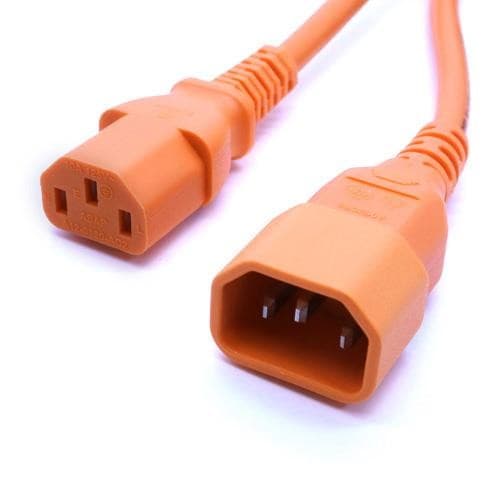 Orange PVC power lead measuring 0.5m, featuring IEC C14 and IEC C13 connectors with three prongs, designed for electrical connections.
