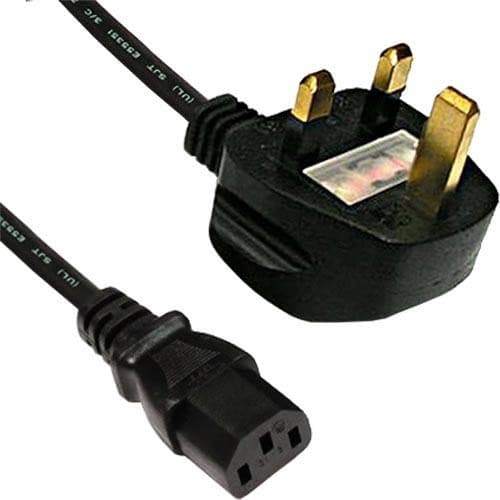 Black PVC power lead with a 10m length, featuring a UK 3-pin plug and an IEC C13 connector, designed for 5 Amp applications.