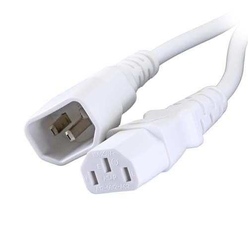 White PVC power lead featuring IEC C14 and IEC C13 connectors, each with three prongs, measuring 1 meter in length and designed for electrical connections.