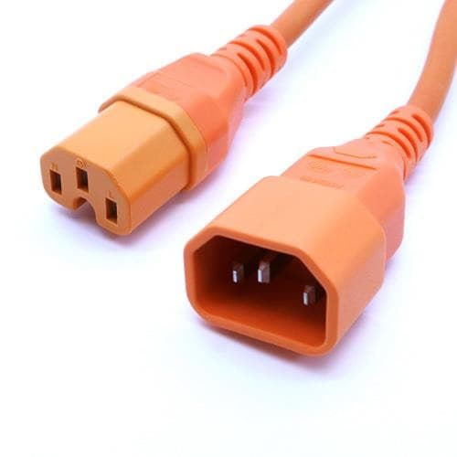 Orange IEC C14 to IEC C15 power cable, 1 meter long, featuring durable rubber material with three prong connectors, designed for hot conditions.