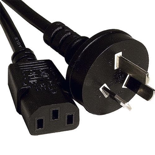 Black PVC power lead featuring a 3-pin Australian plug and an IEC C13 connector, measuring 2 meters in length with a 0.75mm wire gauge.