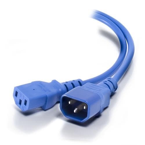 Blue PVC power lead featuring a 3m length with IEC C14 and IEC C13 connectors, designed for electrical connections.