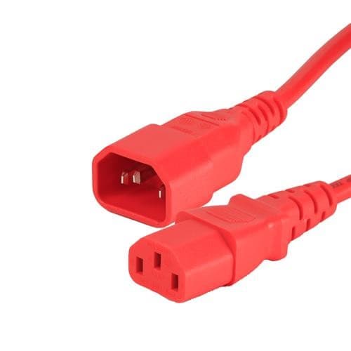 Red PVC power lead featuring IEC C14 and IEC C13 connectors, each with three prongs, measuring 3 meters in length and designed for electrical connections.