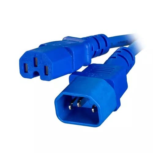 Blue power cable, 1 meter long, featuring a C14 coupler on one end and a C15 coupler on the other, made of durable plastic material.