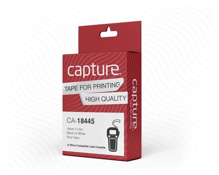 Black on white label-making tape in a red and white packaging, featuring the text "Capture CA-18445" and "Tape for Printing High Quality," designed for use with Rhino label makers.