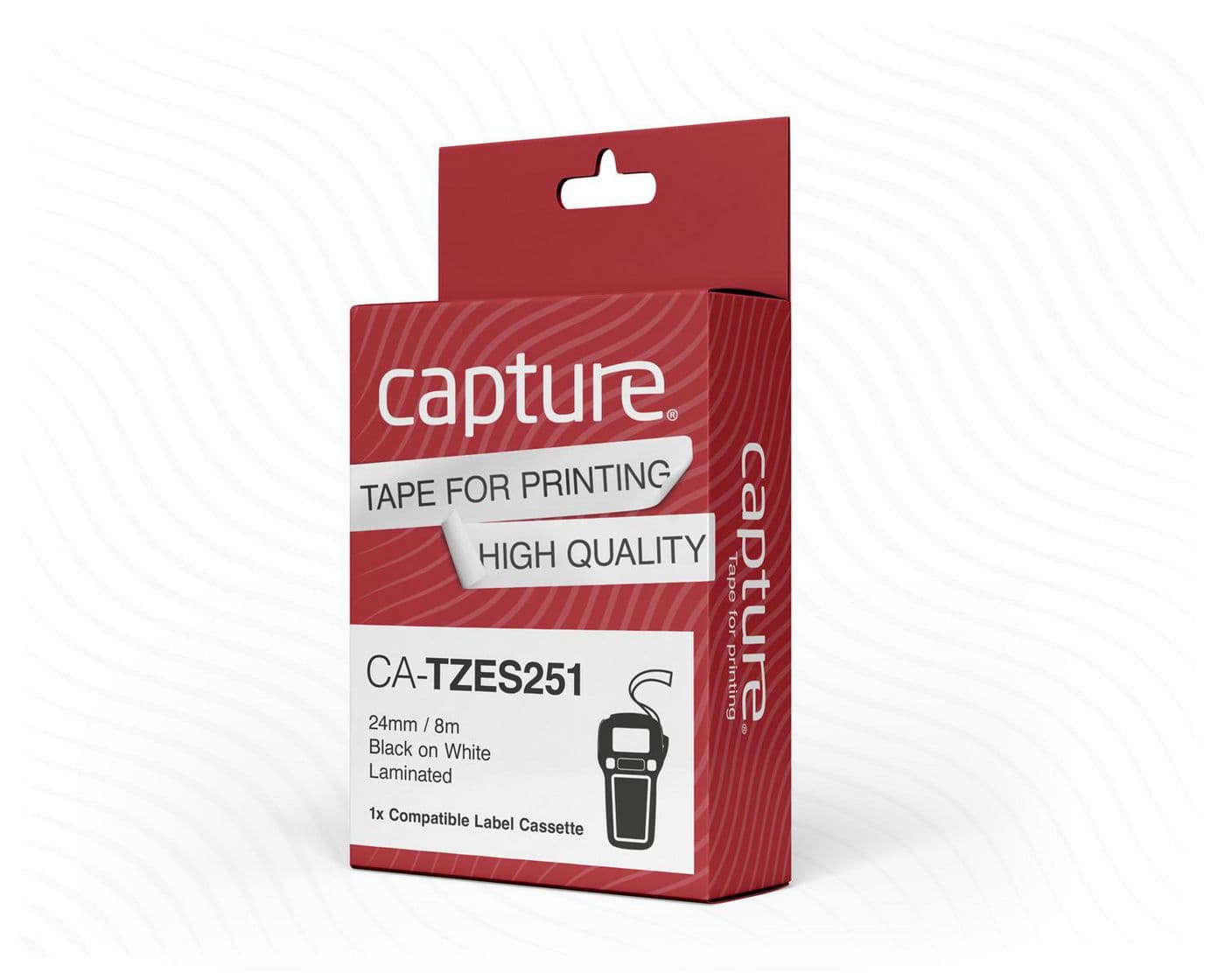 Red and white packaging for Capture CA-TZES251 label-making tape, featuring a 24mm x 8m black on white laminated tape, with a clear label indicating high quality.