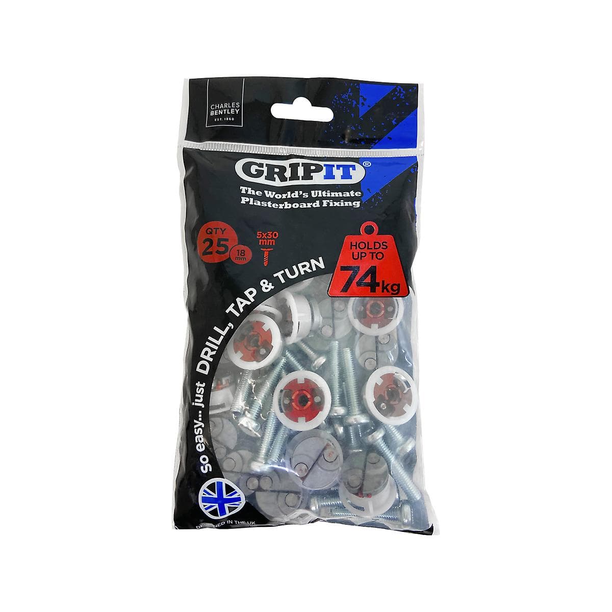 Pack of 25 Gripit fixings in red, featuring metal screws and plastic anchors, designed for plasterboard, with a weight capacity of up to 74 kg.
