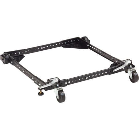 Black metal mobile base with adjustable frame, featuring four sturdy wheels for mobility and multiple holes for customization, designed for supporting various equipment.