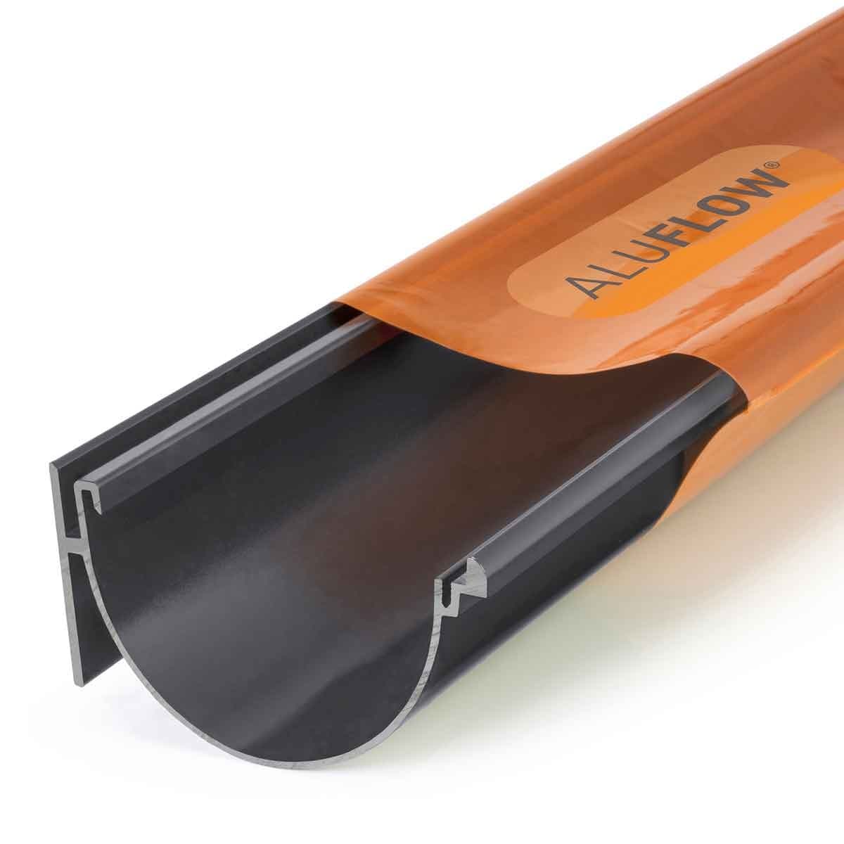 Deepflow gutter in grey, made from durable aluminum, featuring a smooth, rounded profile and a branded orange label with "ALUFLOW" prominently displayed.