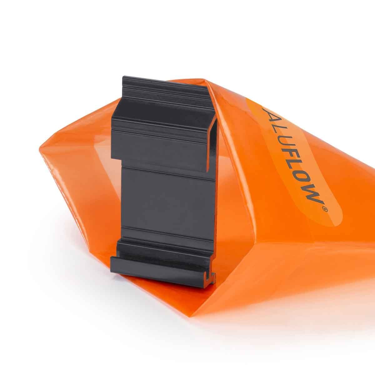 Grey Aluflow Rock N Lock Gutter Bracket made of durable plastic, featuring a unique locking mechanism, displayed against an orange background with the Aluflow logo.