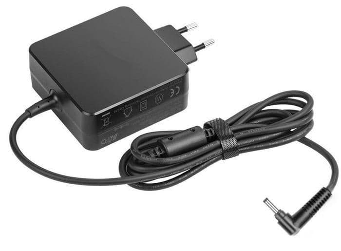 Black 65W power adapter with a compact design, featuring a two-prong plug, a long black cable, and a connector tip for devices, labeled with safety certifications.