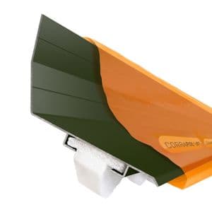 Green Corrapol-bt wall top flashing, 2 meters long, featuring a smooth, angled design with a contrasting orange section and a white foam backing for installation.
