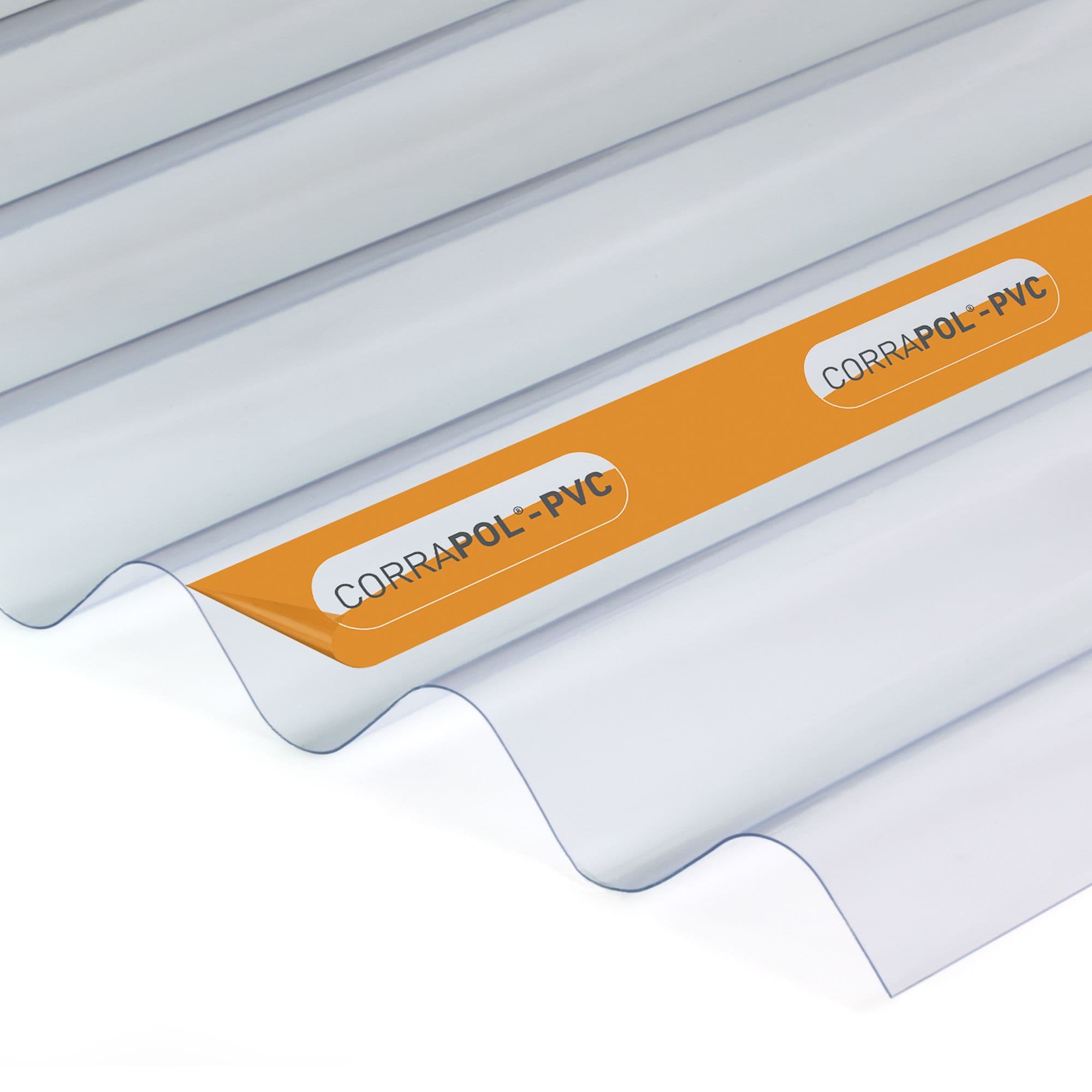 Clear Amber Corrapol PVC corrugated roof sheet in transparent color, measuring 1000mm by 950mm, features a smooth finish and an orange logo along the edge.