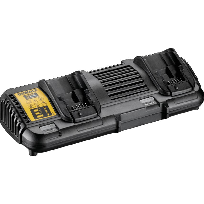 Black dual-port charger with a yellow DEWALT logo, designed for multiple voltages (10.8-54V), featuring two battery slots and a ventilation grill for cooling.