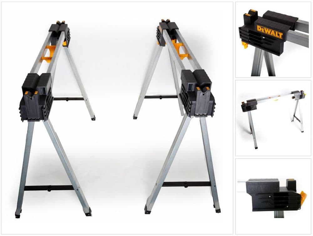 Heavy-duty metal saw horses in a twin pack, featuring a sturdy aluminum frame, black plastic supports, and bright yellow accents, designed for stability and durability.