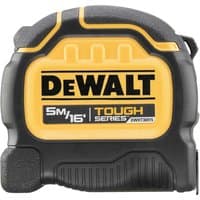 Black and yellow DeWalt ToughSeries tape measure, 5m/16ft, with rugged casing and prominent logo.