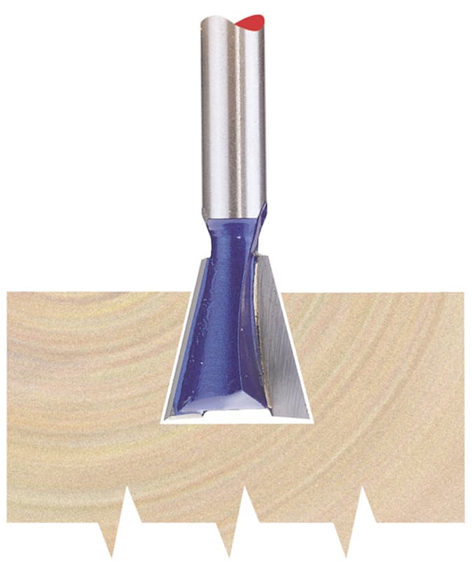 Draper 75346 TCT router bit with a 1/4" shank, featuring a silver steel body, blue coating, and a sharp dovetail cutting edge, designed for precision woodworking.