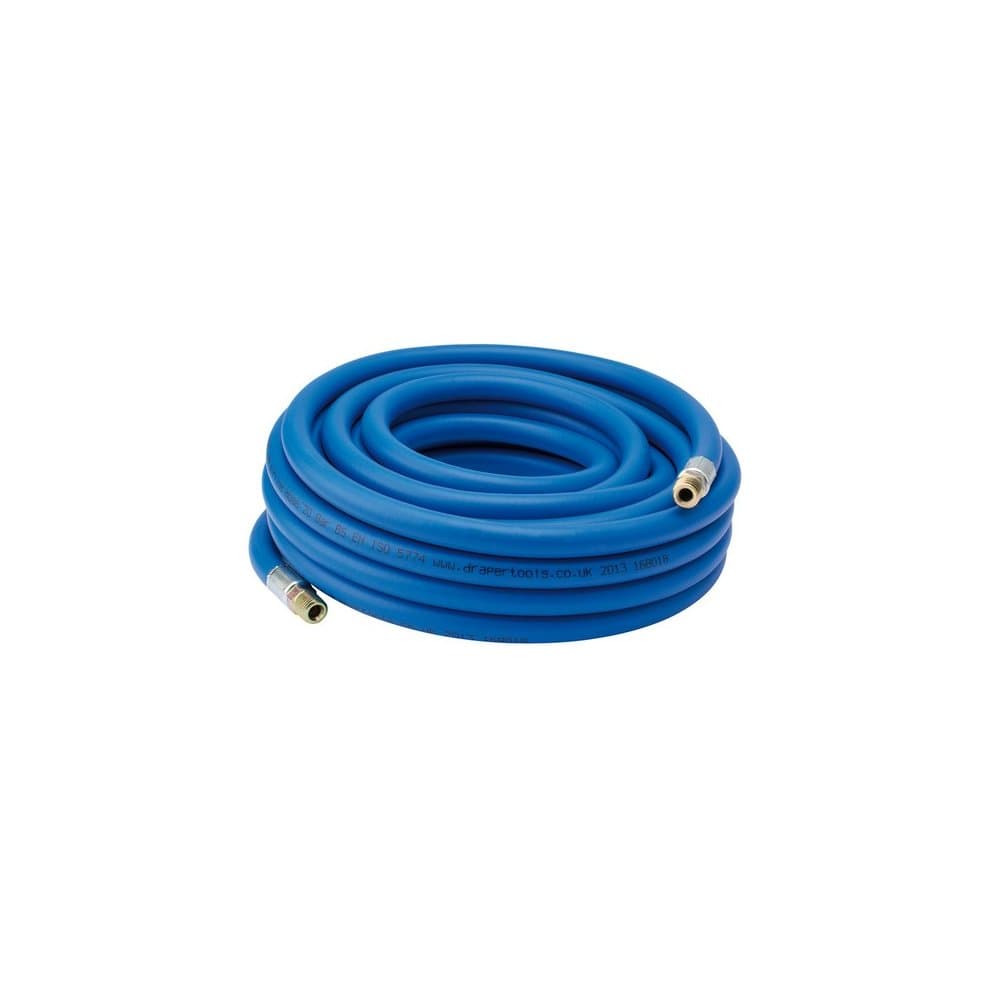Blue 10M air line hose with a 1/4" (6mm) bore, featuring 1/4" BSP fittings, coiled for easy storage and use.