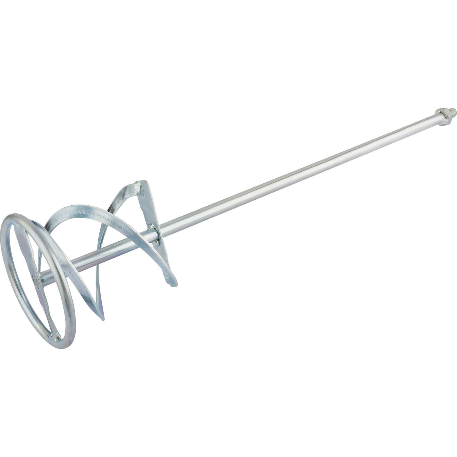 Metallic silver M14 plaster paddle mixer with a spiral mixing head and a long, straight handle, designed for mixing plaster and other materials efficiently.