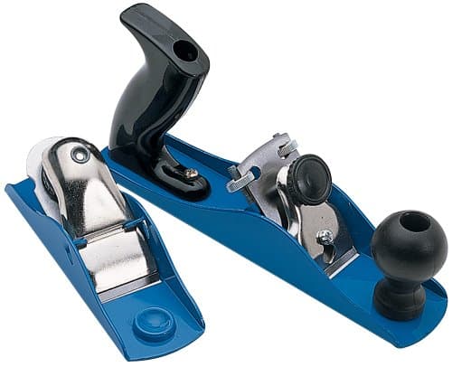 Two-piece combined plane set featuring a blue metal body, a chrome blade, a black handle, and a round knob, designed for woodworking tasks.
