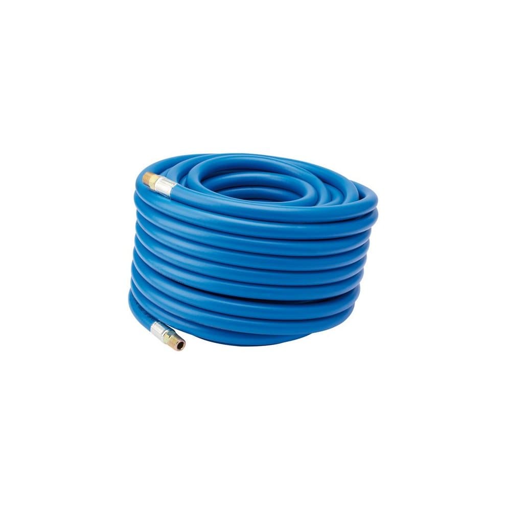 Blue rubber air line hose coiled neatly, measuring 20 meters with a 5/16" (8mm) bore, featuring 1/4" BSP fittings on both ends for easy connection.