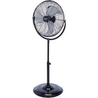 Black Draper pedestal fan, 18-inch with adjustable height, circular mesh grille, and sturdy round base.