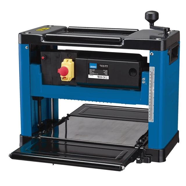Draper 89156 thicknesser in blue and black, featuring a 330mm cutting width, 2000W motor, adjustable height, and safety switch, with a smooth feeding table.