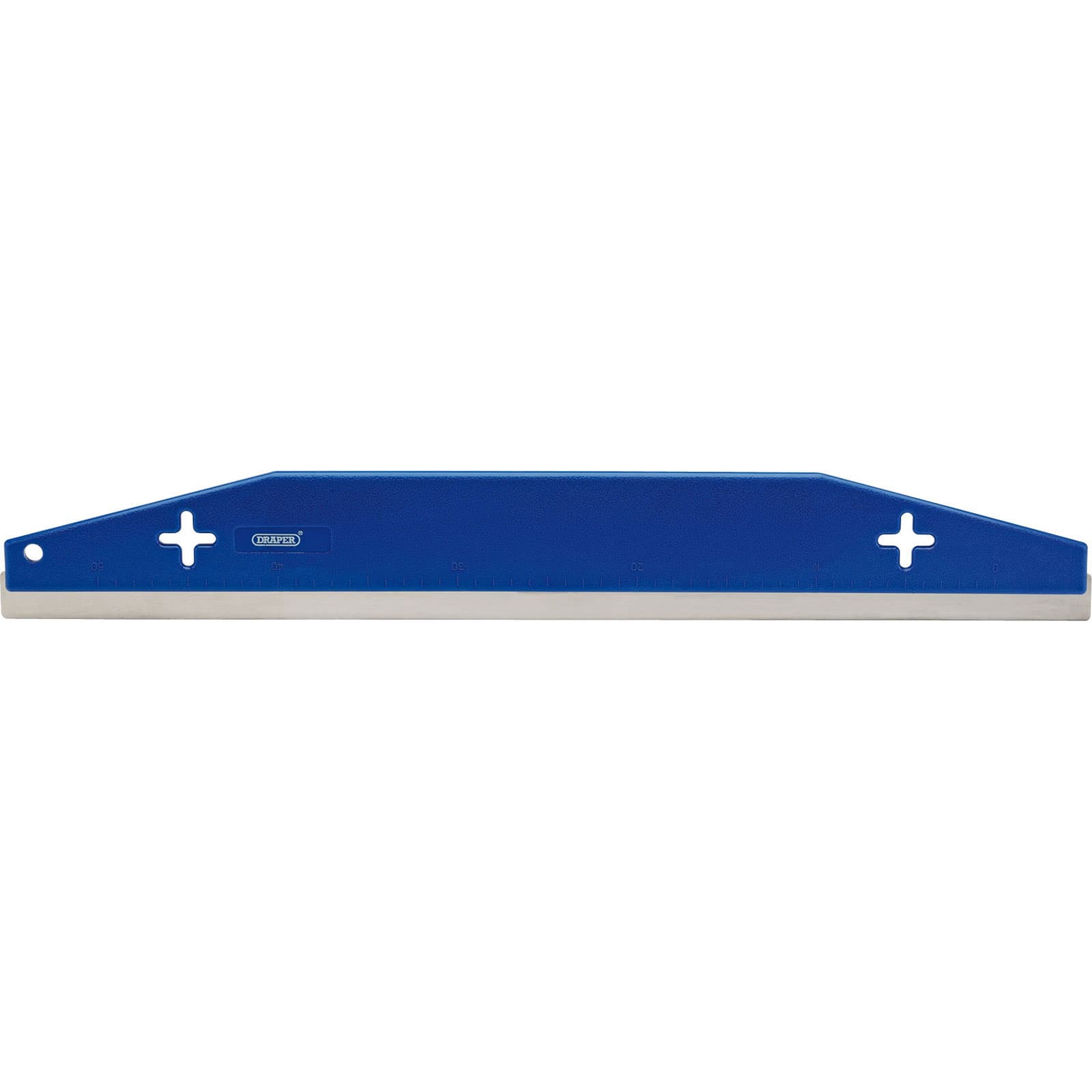 Draper 17169 Decorators Straight Edge, a 600mm blue metal tool with a straight aluminum edge and two cross-shaped holes for easy handling and alignment.