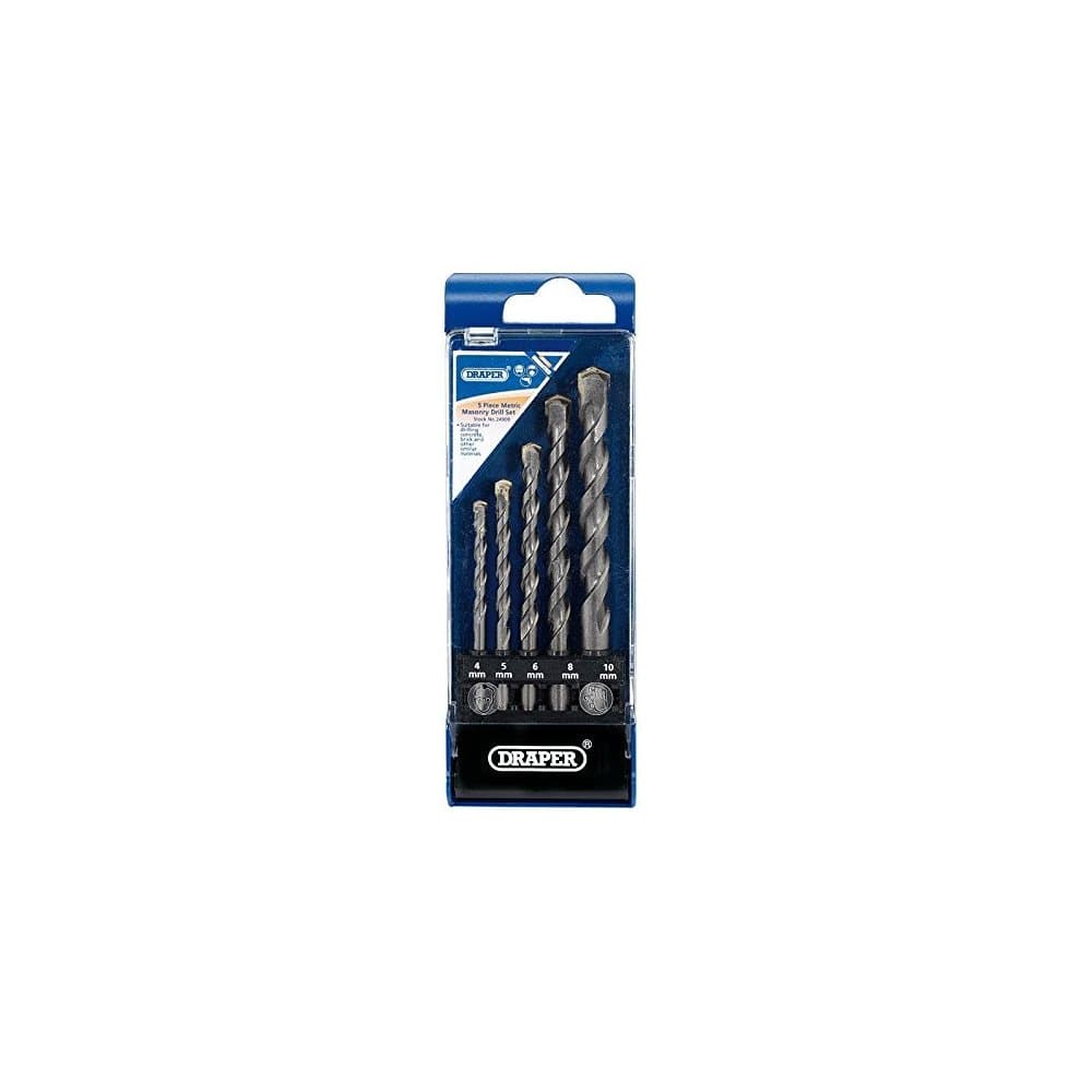 Five-piece metric masonry drill set in a blue and clear plastic packaging, featuring steel drill bits of varying sizes with a spiral design for efficient drilling.