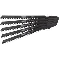 Black Draper DT244D jigsaw blade set, 100mm, 5 pieces with sharp teeth and labeled "6 TPI" for cutting wood.