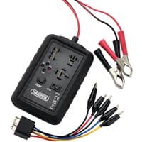Black Draper ETRT relay tester with multiple sockets, red and black cables, and alligator clips.