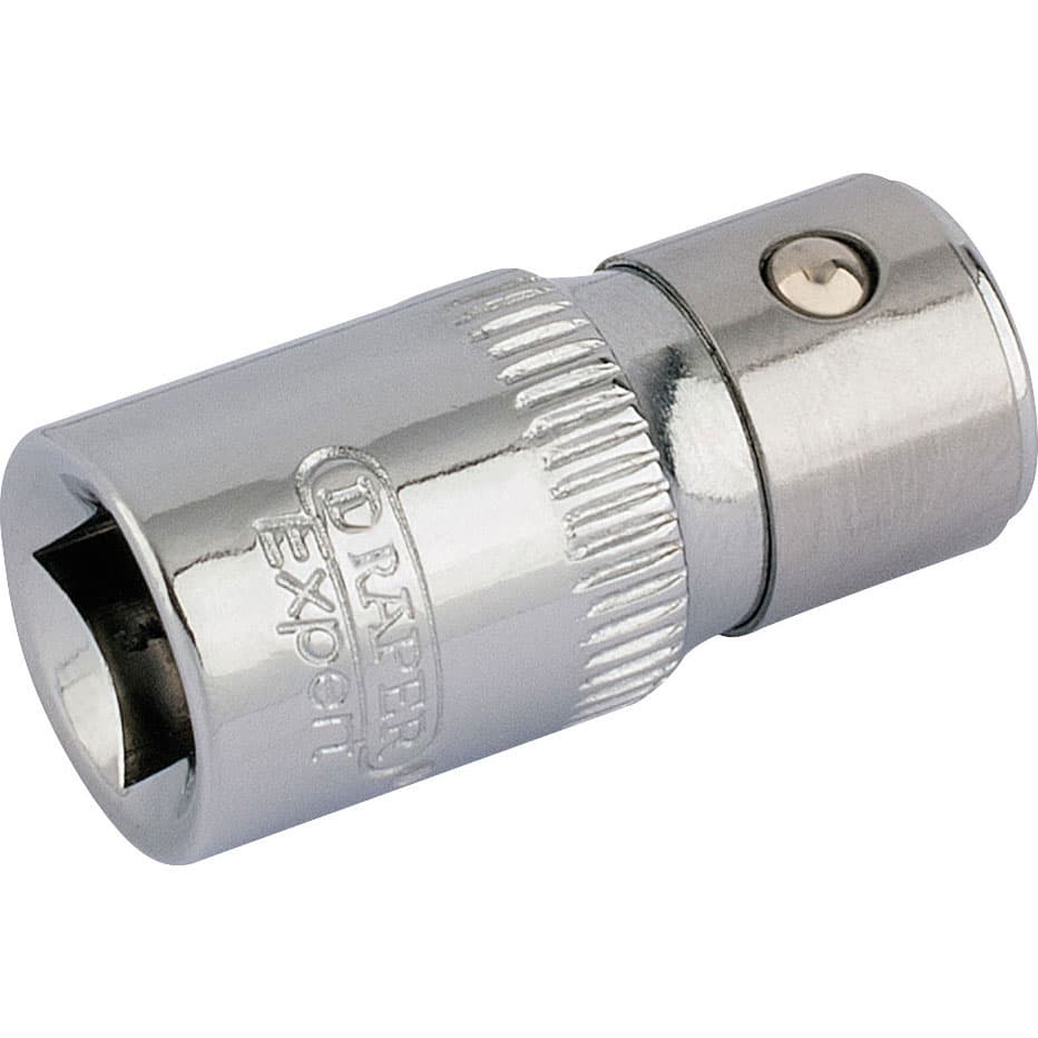 Shiny chrome hexagon screwdriver bit holder with a 1/4" square drive, featuring engraved "Draper Expert" branding and a textured grip for easy handling.