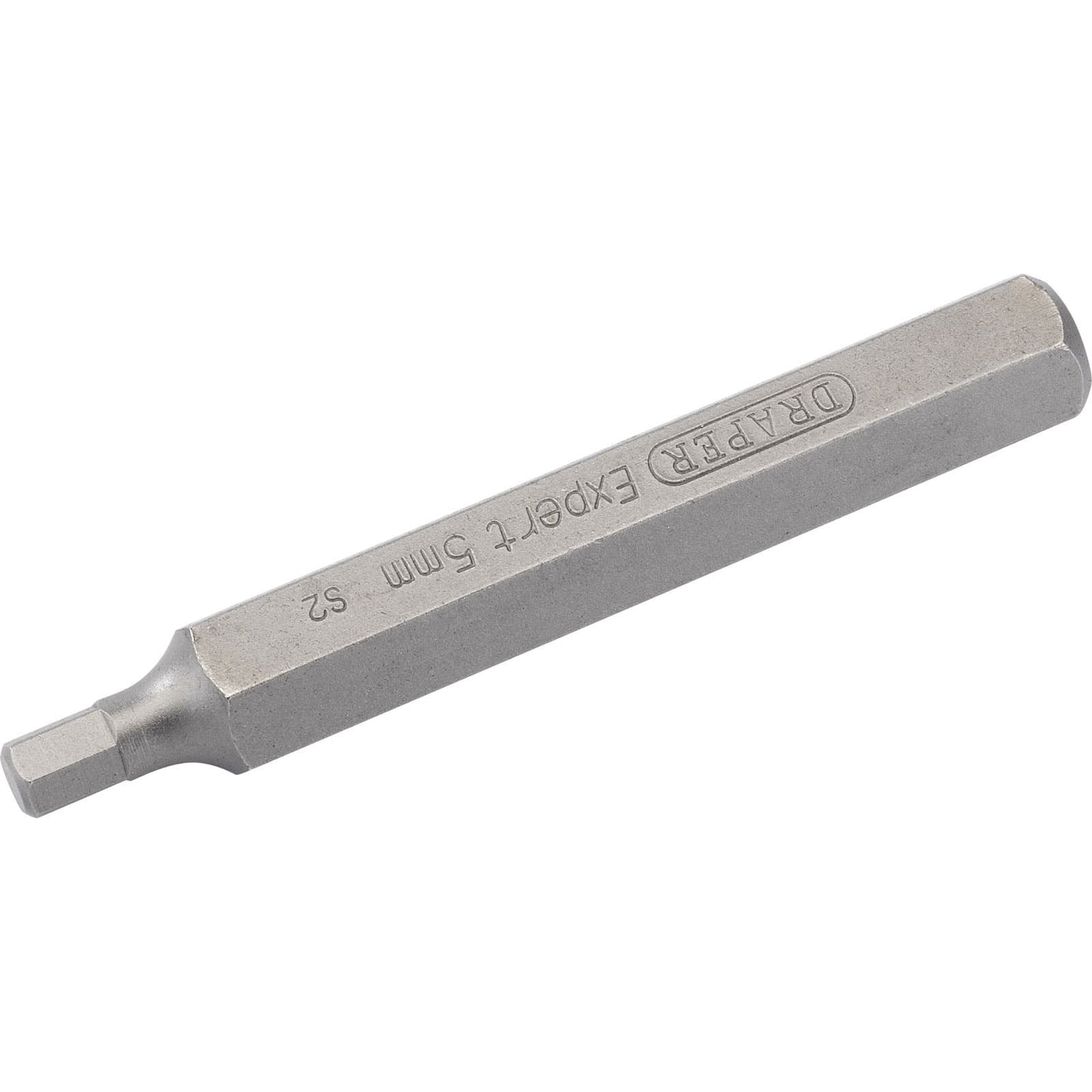 Silver hexagonal insert bit measuring 5mm x 75mm, featuring "Draper Expert" engraved on the side, designed for mechanical applications.