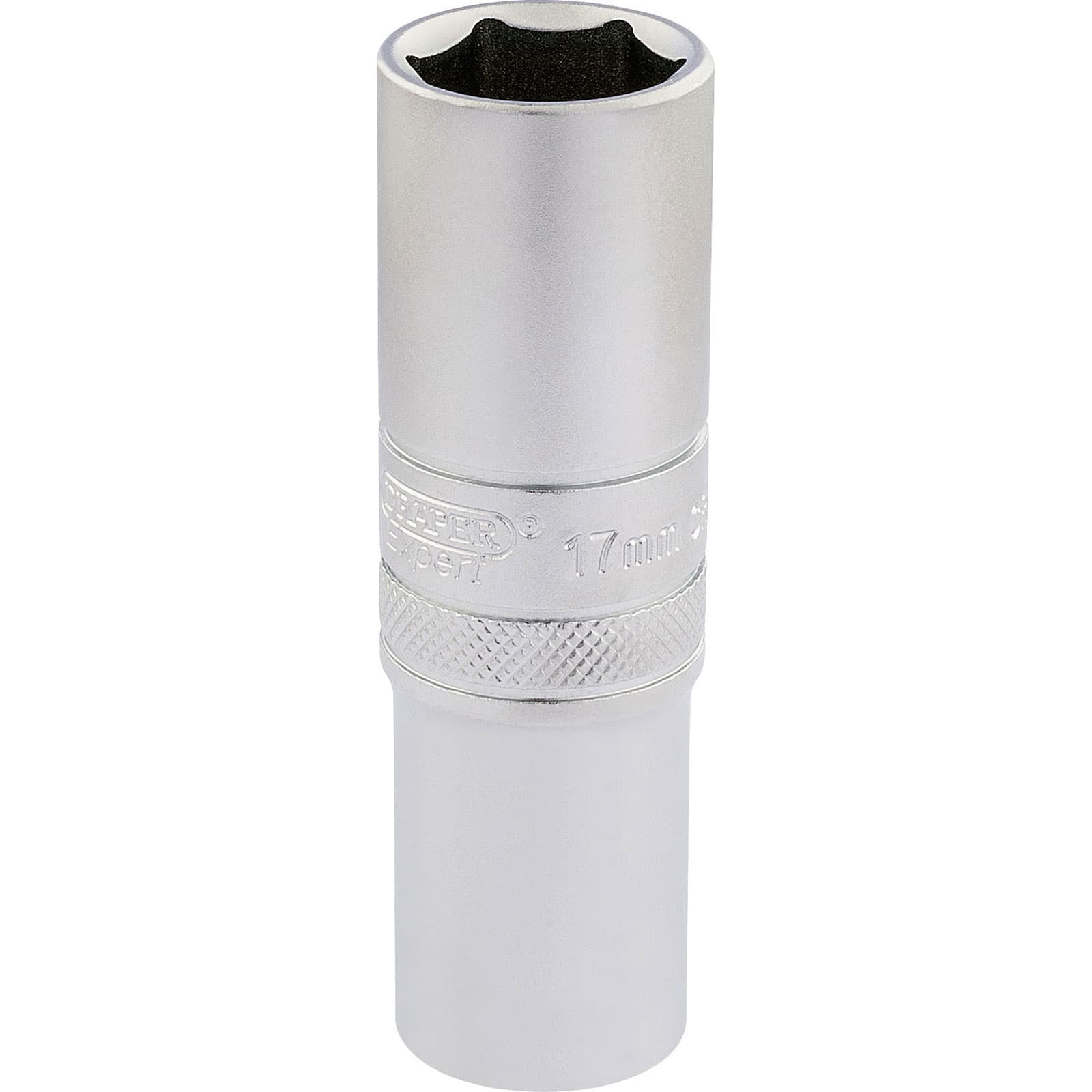 Silver 1/2" square drive deep socket made of chrome vanadium steel, featuring a 6-point design and marked with "17mm" for metric sizing.