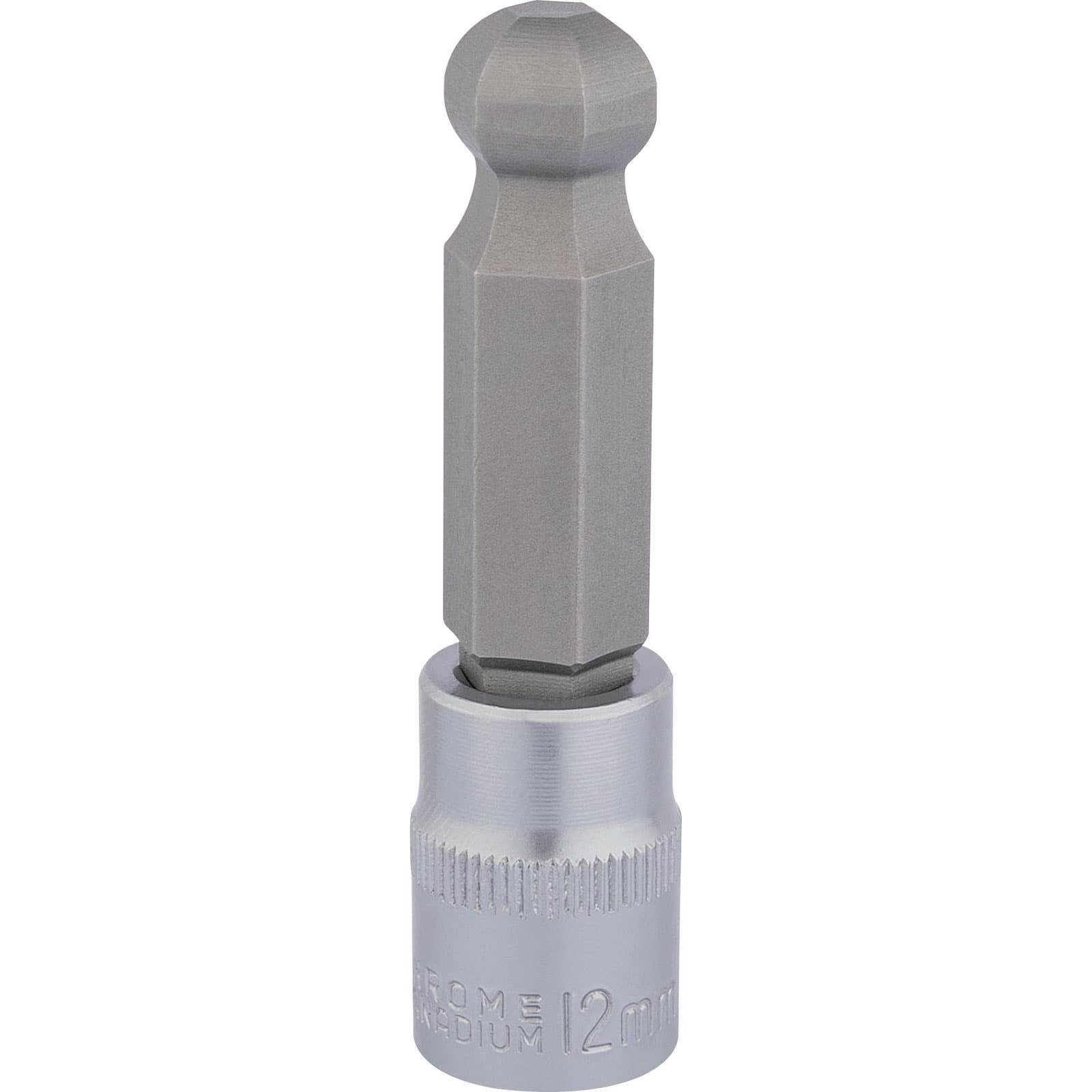 Draper Expert 3/8" square drive ball end hexagonal socket bit in silver, featuring a 12mm size and a durable, chrome vanadium construction for enhanced strength.
