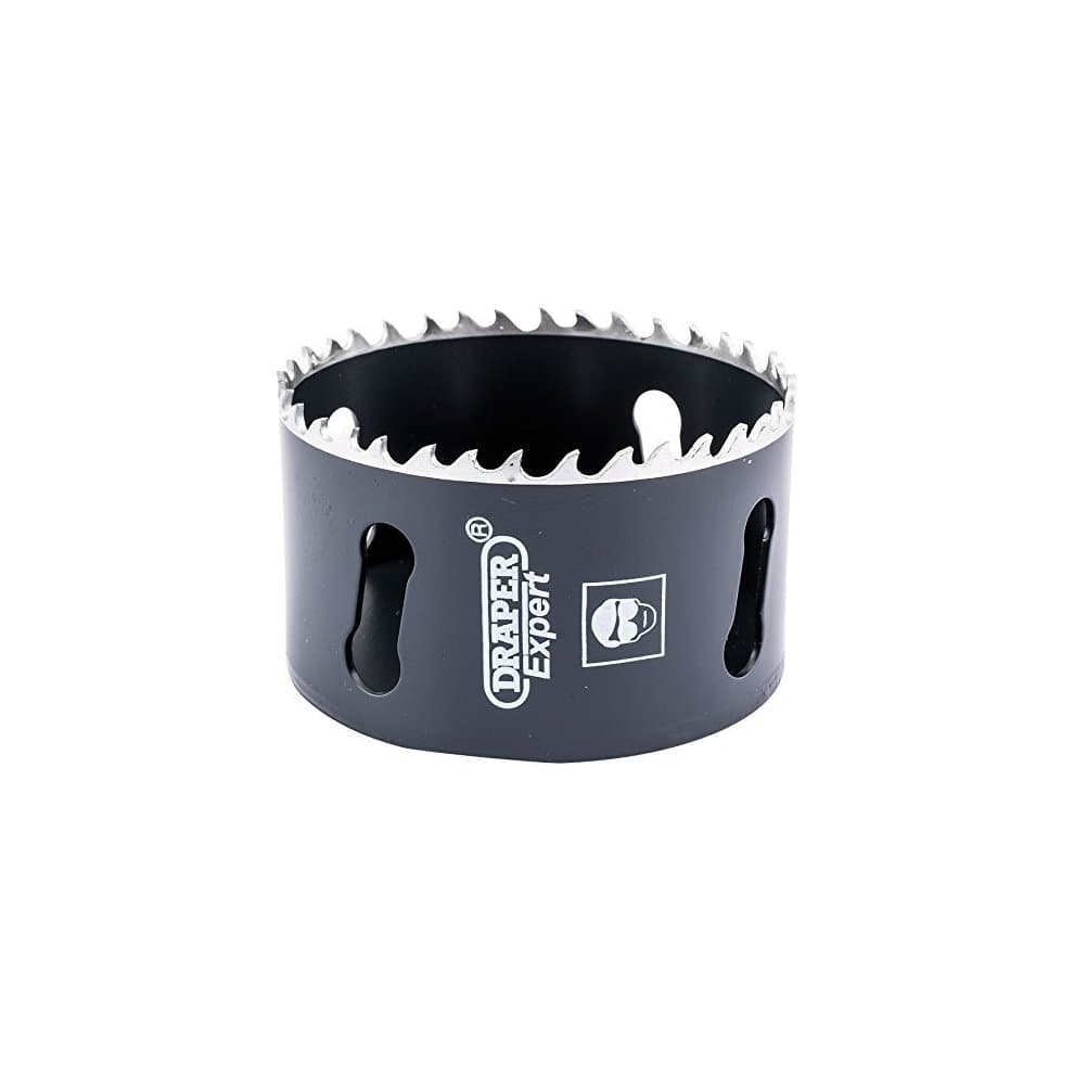 Black cobalt hole saw with a diameter of 73mm, featuring sharp teeth along the edge and slots for easy removal, marked with the Draper Expert logo.
