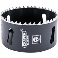 Black Draper Expert cobalt hole saw, 83mm, with sharp teeth and side slots for easy removal.