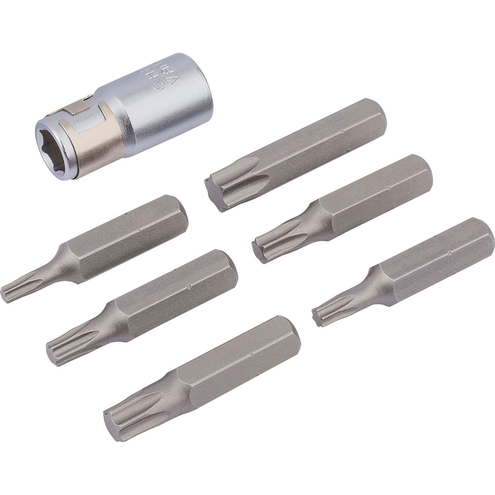 Seven-piece Draper Expert TX-STAR® bit set featuring a shiny silver bit holder and six steel bits in various sizes, all with a durable finish for enhanced grip and performance.