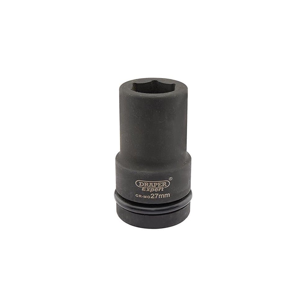 Black 27mm 1" square drive deep socket made from durable chrome molybdenum steel, featuring a 6-point design for improved grip and reduced rounding of fasteners.