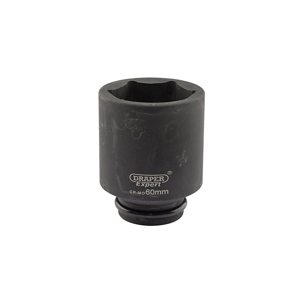 Black 60mm deep socket with a 3/4" square drive, featuring a 6-point design and marked with "Draper Expert" logo, made from durable chrome molybdenum material.