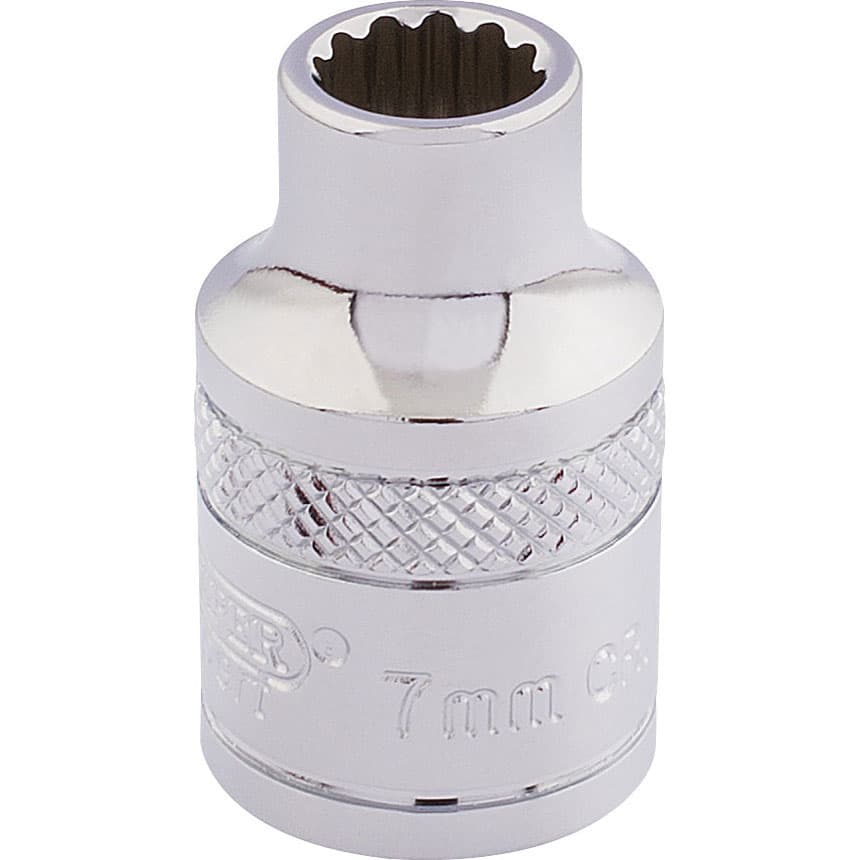 Shiny chrome 7mm 12-point socket with a knurled grip section, featuring the Draper Expert logo and "Hi-Torq®" branding for enhanced torque application.
