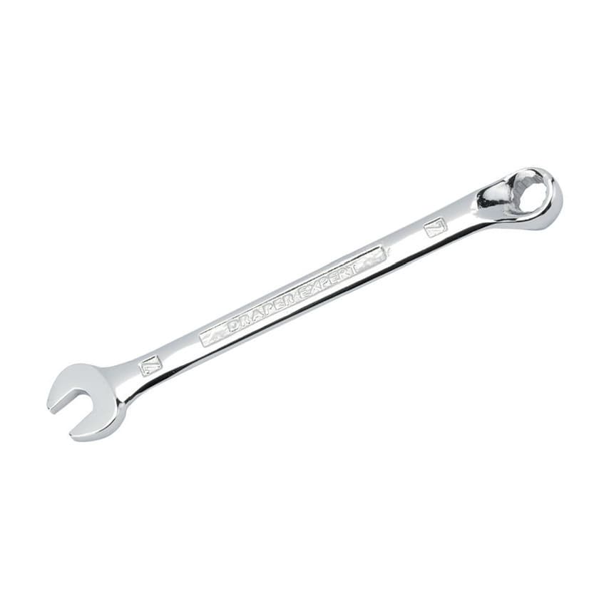 15mm chrome-plated combination spanner with a polished finish, featuring a standard open end and a hi-torq design for improved grip and torque.