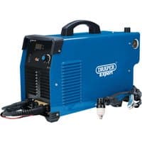 Blue Draper Expert plasma cutter, 60A, with digital display, black handle, and attached cables.