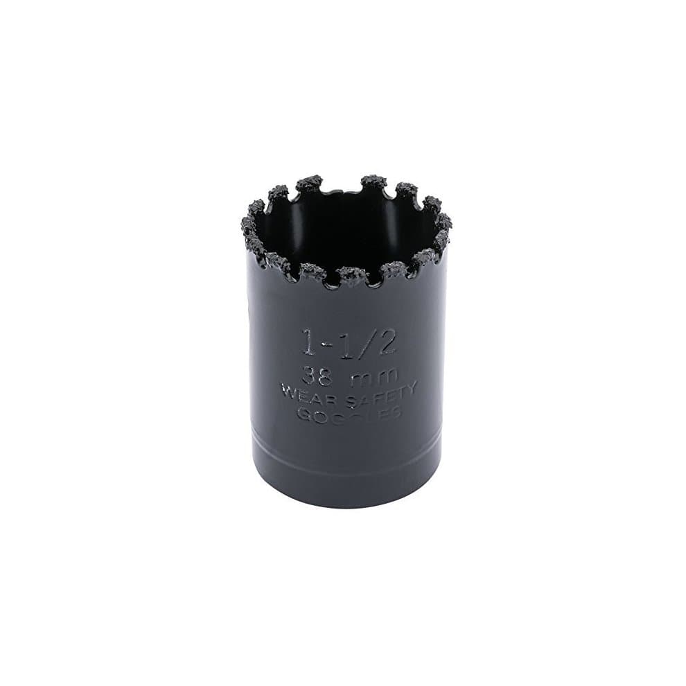 Black 38mm tungsten carbide grit hole saw with serrated edge and engraved markings for size and safety, designed for durability and precision in cutting.